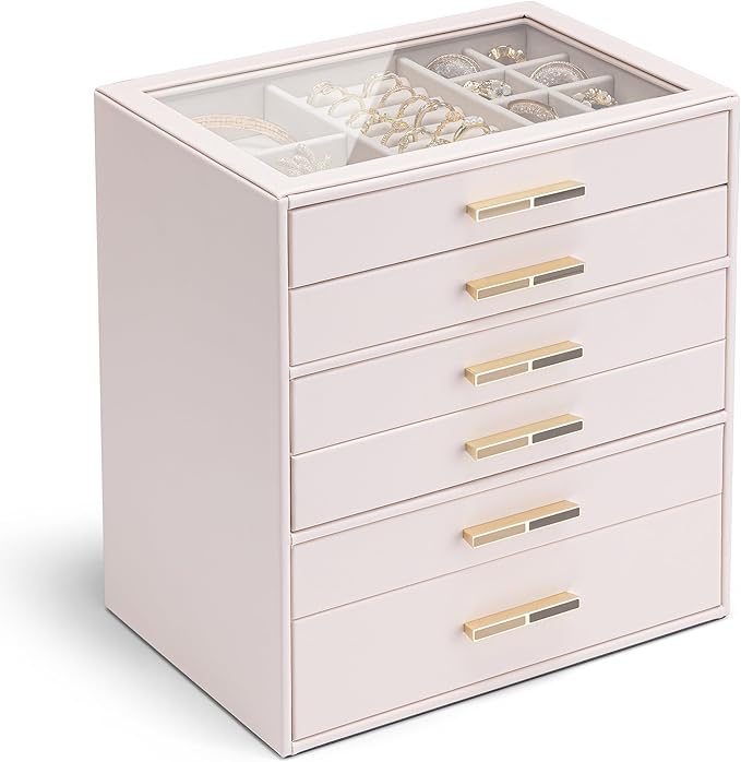 VLANDO 6 Layer Jewelry Box for Women, Glass Lid Jewelry Organizer with 6 Drawers for Necklaces Rings Earrings Bracelets - Light Pink