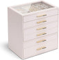 VLANDO 6 Layer Jewelry Box for Women, Glass Lid Jewelry Organizer with 6 Drawers for Necklaces Rings Earrings Bracelets - Light Pink