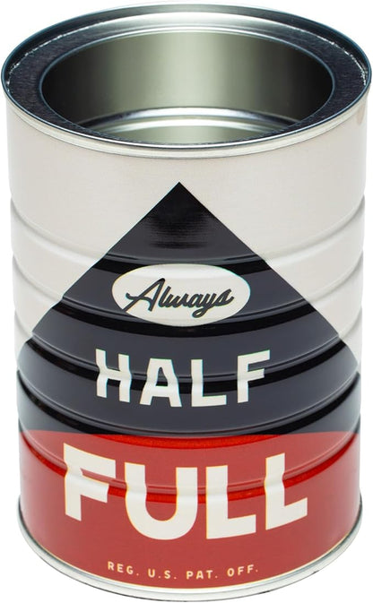 Retro Tin Can, Studio MPLS Designs, Collectable, Peel & Stick Valved End with Metal Lid, 8-12oz (4.0625 x 5.5 in) (Always Half Full Design)