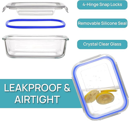 Vtopmart 5 Pack 35oz Glass Food Storage Containers with Lids, Meal Prep Containers, Airtight Reusable Lunch Container Set, Safe for Oven, Microwave, Freezer, and Dishwasher, Blue