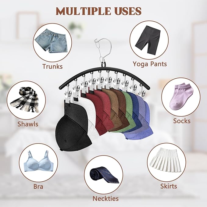 1 Pack Hat Hangers for Closet Display, Metal Hat Organizer for Baseball Caps with 10 Clips, Hats Rack Holder for Closet, Hats Storage for Baseball Caps Beanie Accessories Men Women, Black