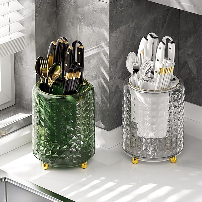 Dxcaicc Cooking Utensil Organizer for Kitchen Counter, Rotating Utensil Caddy with Removable Divider,Plastic Flatware Holder,Sink Countertop Flatware Organizer for Spoons, Forks, Knives,White
