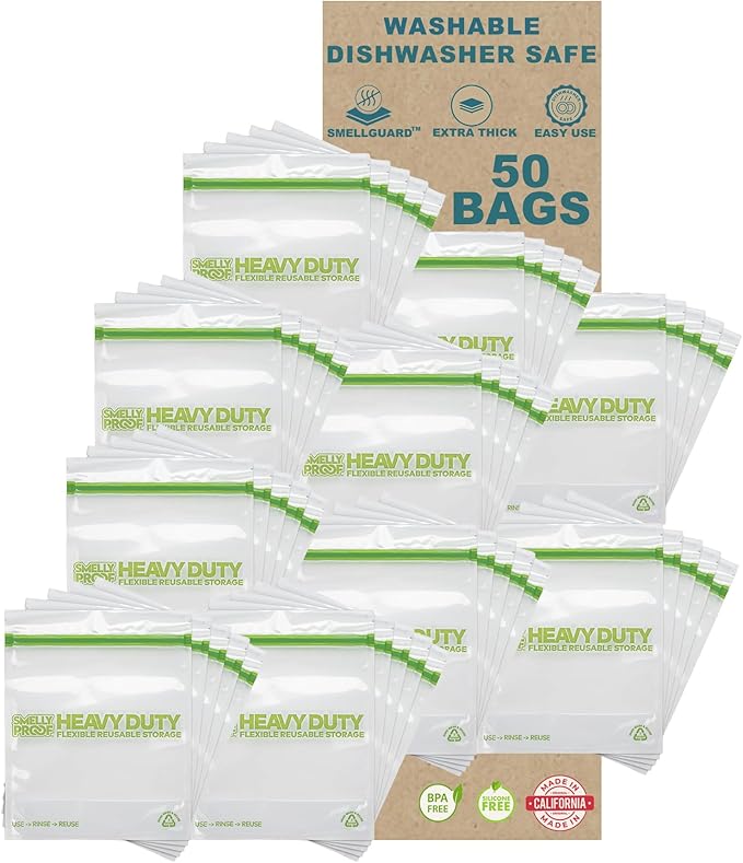 Smelly Proof BULK VALUE, 50-Pack HEAVY DUTY 5-mil Reusable Bags, Stand-Up, Expandable, Dishwasher-Safe, Odor-Proof, Durable Poly Nylon (Non-Silicone) US-Made 8.5" x 10" Quart 50pk