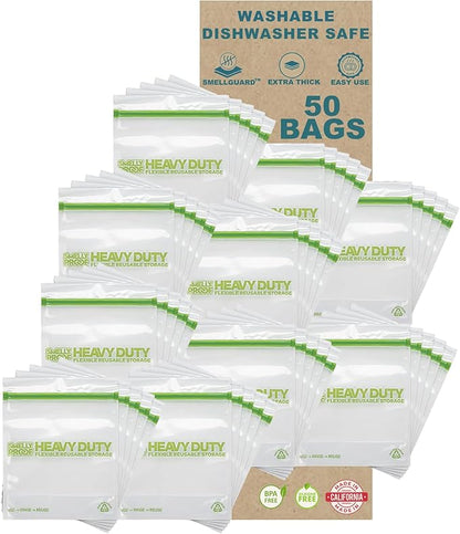 Smelly Proof BULK VALUE, 50-Pack HEAVY DUTY 5-mil Reusable Bags, Stand-Up, Expandable, Dishwasher-Safe, Odor-Proof, Durable Poly Nylon (Non-Silicone) US-Made 8.5" x 10" Quart 50pk