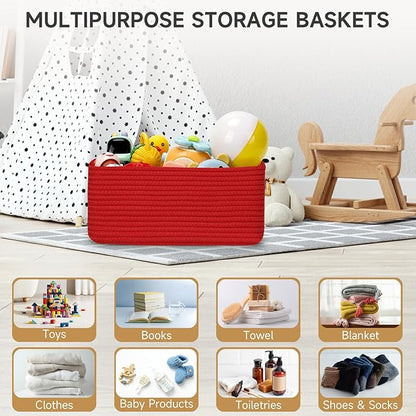3-Pack Small Storage Baskets for Organizing | Woven Shelf Toy Basket | Rope Baskets for Gifts Empty | Closet Organizer Bins with Handles | Cube Decorative Box | 11.8×7.8×5.1” | Christmas Red