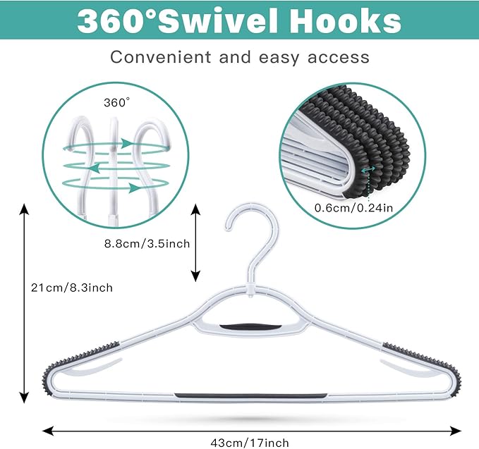 Extra Non Slip Plastic Clothes Suit Hangers with Sure Grip Rubber, 30 Pack, with 360° Swivel Hook, Space Saving, Light Weight, Wet and Dry Use (Pure White/Cool Grey)