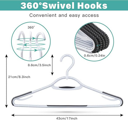 Extra Non Slip Plastic Clothes Suit Hangers with Sure Grip Rubber, 30 Pack, with 360° Swivel Hook, Space Saving, Light Weight, Wet and Dry Use (Pure White/Cool Grey)