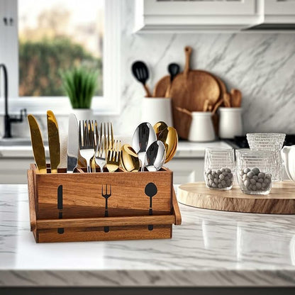 Geetery Acacia Utensil Caddy Silverware Caddy with Handle Wooden Multipurpose Countertop Flatware Napkin Utensil Organizer for Party Picnic Kitchen Trip, 9.1 x 5.9 x 4.5 in(Wood Color)