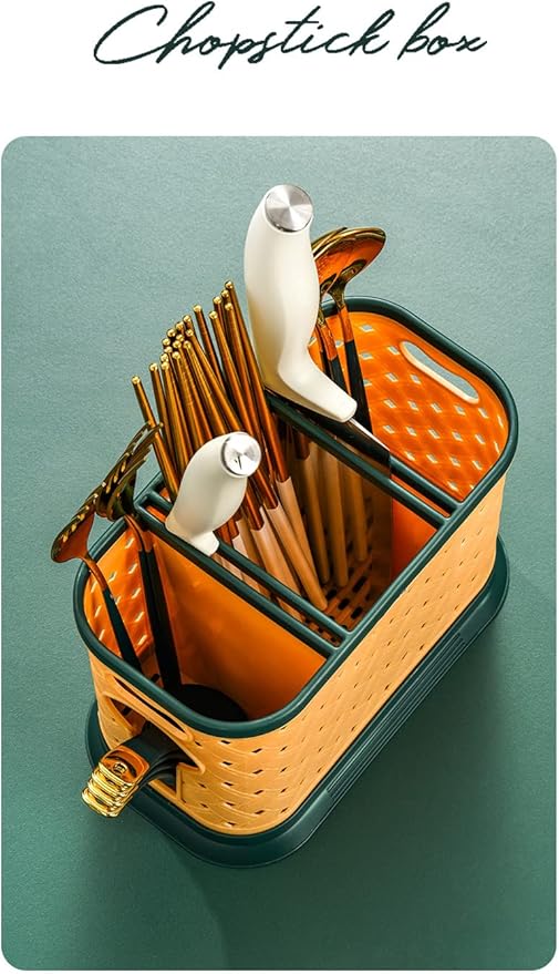 Countertop Cutlery Drying Holder Utensil Holder Cutlery Drainer Tableware Holder Box Tabletop Separated Fork Chopstick Kitchen Storage Cutlery Utensil Organizer (Green)