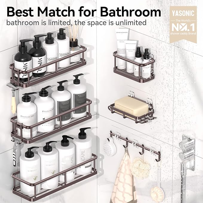 YASONIC Shower Caddy, 6 Pack Large Capacity shower Organizer with Soap Holder and 12 Hooks, Rustproof Shelves for Inside Shower, No Drilling&Sleek Bathroom Organizers and Storage Bronze XL