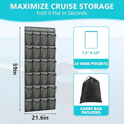 Esoes Cruise Ship Magnetic Door Organizer, 24 Pockets Magnetic Behind the Door Shoe Rack-4 Strong Anti-Scratch Magnets, Over the Door Organizer Cruise Essentials Storage for Cruise Cabin Travel