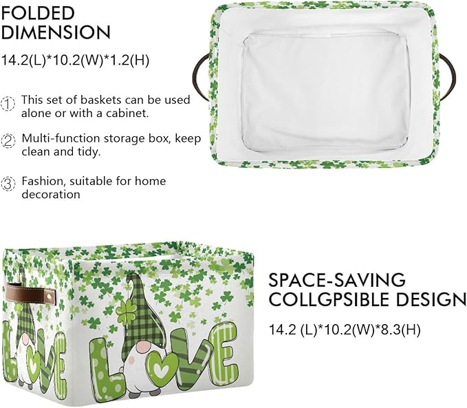 St Patrick's Day Gnome Storage Basket - Shamrock Clovers Cute Fabric Laundry Shelf - Large Foldable Storage Box Cube With Handle - Closet Bin Organizer for Kids Toys Cloth Bedroom