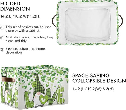 St Patrick's Day Gnome Storage Basket - Shamrock Clovers Cute Fabric Laundry Shelf - Large Foldable Storage Box Cube With Handle - Closet Bin Organizer for Kids Toys Cloth Bedroom