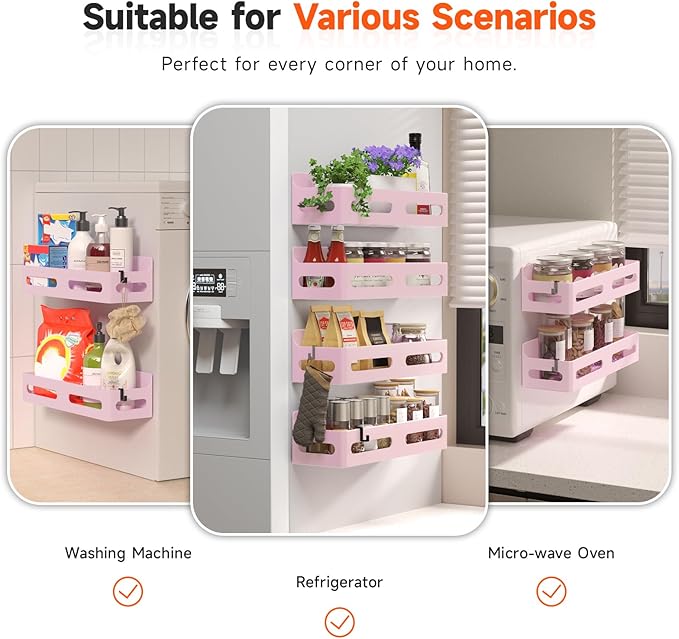 Sevenblue 4 Pack Strong Magnetic Spice Rack for Refrigerator, Multipurpose Magnetic Shelf for Fridge with 4 Hooks for kitchen and Bathroom Organization, Pink
