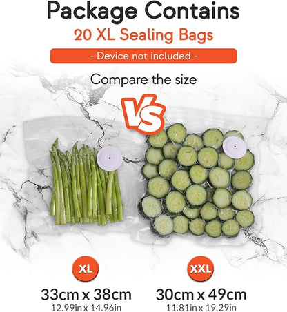 Reusable Vacuum Sealer Bags for Food, XL 20 Pack (33 x 38 cm / 13 x 15 in) – BPA‐Free Leak‐Proof Zip Bags with Air Valve, Freezer & Sous Vide Safe, Works with Handheld Sealers