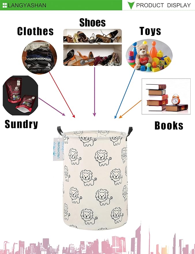 Laundry Basket Canvas Fabric Collapsible Organizer Basket for Storage Bin Toy Bins Gift Baskets Bedroom Clothes Children Nursery Hamper (Lion)