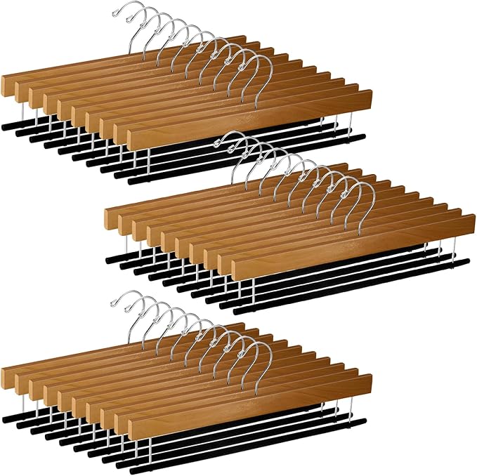Chunful 30 Pack Wooden Velvet Pants Hangers - 16 Inch Non Slip Wood Pants Hangers with 360 Degree Swivel Hook Heavy Duty Space Saving for Jeans, Shorts & Dresses (Brown)