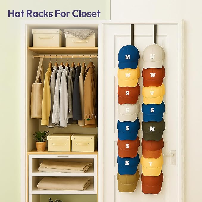 SWTYMIKI Over Door Hat Organizer - 2 Packs Metal Wall Mounted Hat Rack with 16 Hooks Design, Hanging Baseball Cap Organizer Storage Holds up to 32 Caps for Door, Bedroom, Closet