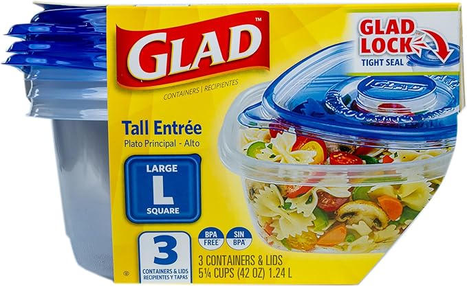 Glad GladWare Tall Entree Food Storage Containers with Lids, Large Square BPA Free Plastic for Meal Prep and Lunches, Lock Tight Seal, Microwave and Dishwasher Safe, 42 Oz, 3 Count - 6 Pack