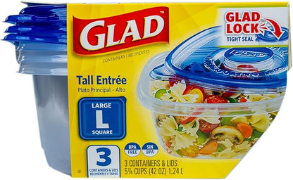 Glad GladWare Tall Entree Food Storage Containers with Lids, Large Square BPA Free Plastic for Meal Prep and Lunches, Lock Tight Seal, Microwave and Dishwasher Safe, 42 Oz, 3 Count