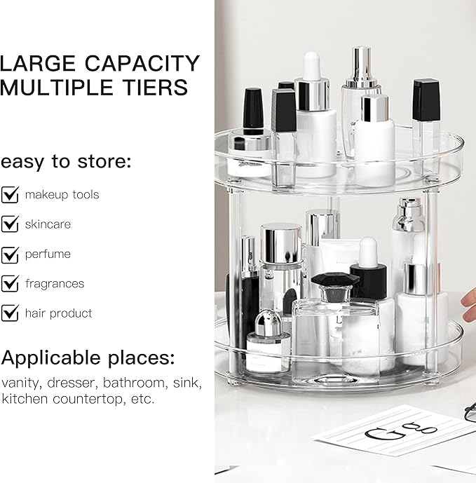 360° Rotating Makeup Organizer, Adjustable Spinning Cosmetic Carousel with Brush Holder and Perfume Tray - Large Capacity Clear Display Case for Vanity and Bathroom Countertop (Double-Deck)