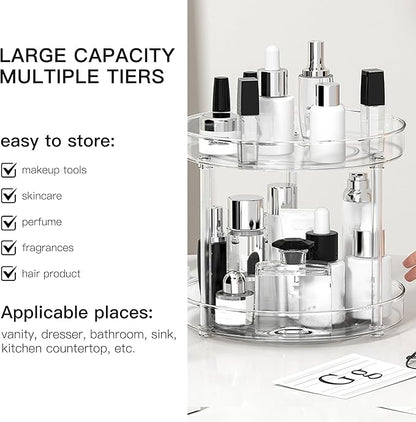360° Rotating Makeup Organizer, Adjustable Spinning Cosmetic Carousel with Brush Holder and Perfume Tray - Large Capacity Clear Display Case for Vanity and Bathroom Countertop (Double-Deck)