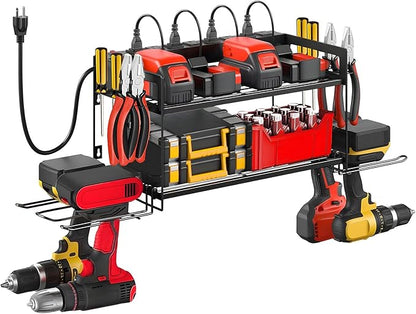 Garage Tool Organizer with Charging Station & Power Strip - 4 Drill Holder Wall Mount Rack, Heavy Duty Metal Shelf for Workshop Organization