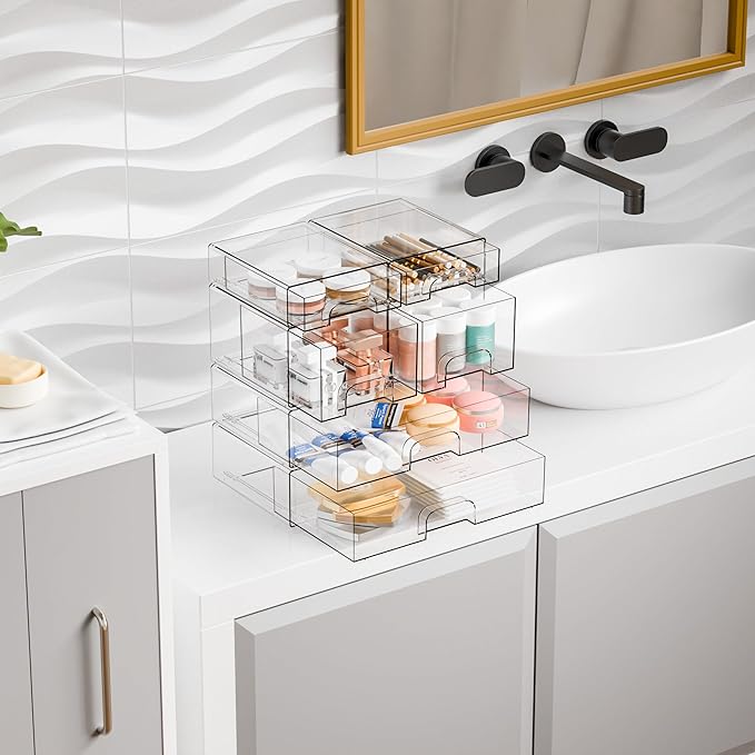 Yieach Clear Stackable Storage Drawers - Set of 6 - Acrylic Drawers,Bathroom Organizer Bin and Plastic Makeup Organizer,Clear Stacking Brightroom Storage Boxes for Vanity,Cabinet,Pantry Organization