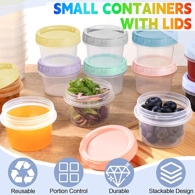 Yomarket 6pcs 4 oz Plastic Containers with Screw Lids, Reusable 1/2 Cup Small Food Storage Containers, Leakproof, Microwave Dishwasher Freezer Safe, with Pen and Brush