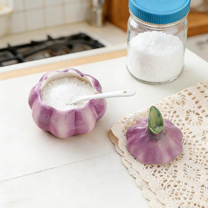 Cute Onion Shaped Ceramic Salt Cellar with Lid and Spoon, Decorative Purple Kitchen Canister for Sugar, Salt, Pepper, and Spices, Farmhouse Kitchen Decor