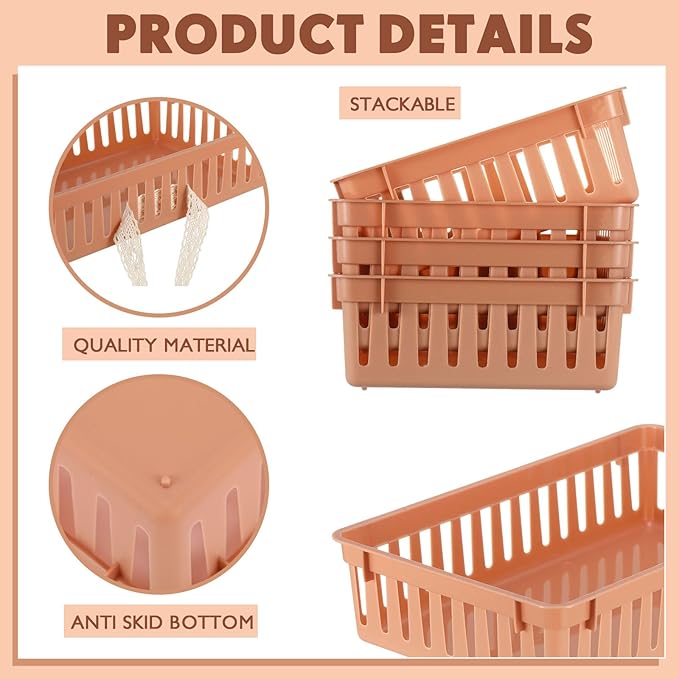 Wenqik 24 Pcs Plastic Storage Baskets for Classroom Organizing Small Pantry Storage Bins Rectangular Tray for School Household Toys Classroom Bedrooms, Kitchens Countertops (Brown)