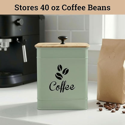 Airtight Coffee Canister - 40 oz Large Iron Sage Green Container Airtight - 6 x 8 inch Metal Jar - Stylish Countertop Container for Coffee Grounds, Beans & Pods with Rubber-Lined Bamboo Lid