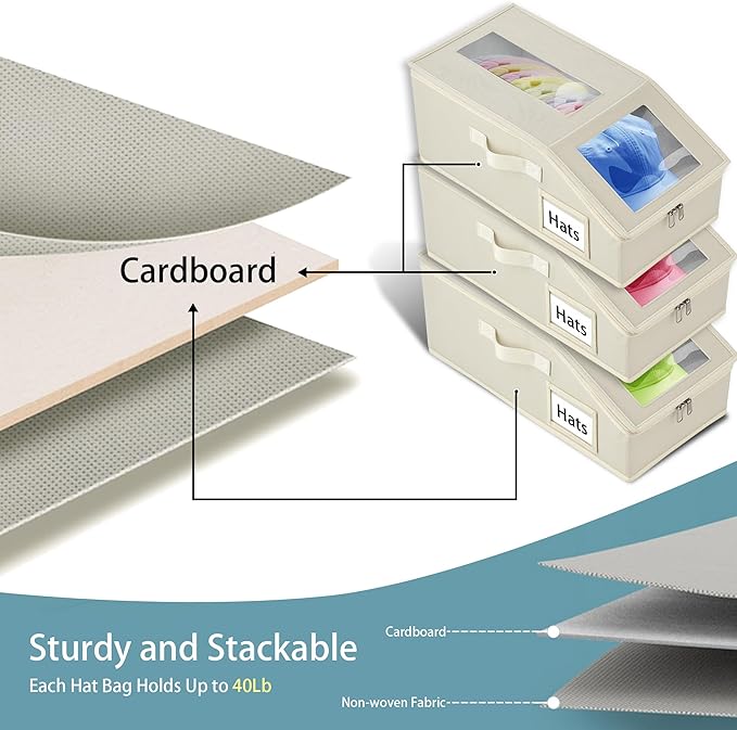 Stackable Hat Storage for Baseball Caps, 3 PCS Hat Storage Boxes for Closet, Holds up to 45 Caps with Cardboard, Hat Organizer for Women & Men (Two Clear Window) (Beige 3-Pack)