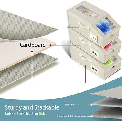Stackable Hat Storage for Baseball Caps, 3 PCS Hat Storage Boxes for Closet, Holds up to 45 Caps with Cardboard, Hat Organizer for Women & Men (Two Clear Window) (Beige 3-Pack)