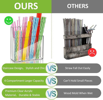 Acrylic Straw Holder for Cabinet Door, Clear Straw Organizer for Reusable Straws, Self-Adhesive No Drill Wall Mount Storage for Kitchen Bar Office, Large Capacity Tableware Rack (8 Compartments)