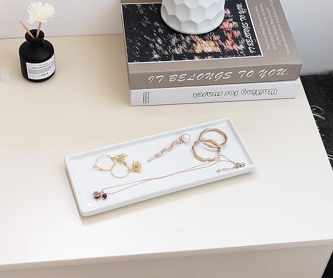 9.2" Porcelain Small Bathroom Tray, Ceramic Countertop and Vanity Tray for Cosmetics, Perfume, Jewelry, Candle - Kitchen Soap Tray for Kitchen Counter (White)