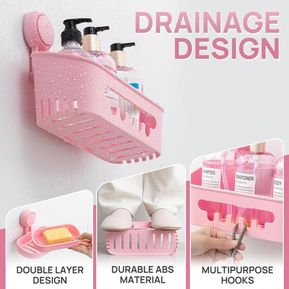 LEVERLOC Shower Caddy Suction Cup Set Shower Organizer & Soap Holder & Toothbrush Holder, Bathroom Shelf Basket NO-Drilling, Removable Suction Storage Waterproof Bathroom Caddy, Pink