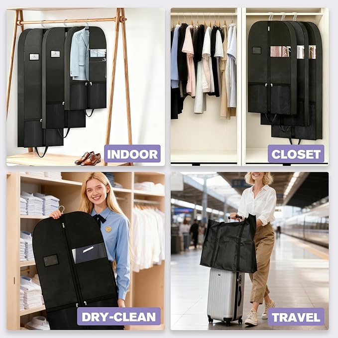 43" Garment Bags for Closet Storage and Travel, Gusseted Hanging Garment Bags for Men Women with Pockets Handles and Zipper, Suit Cover Bags for Clothes, Suits, Dress, Shirts, Coats, Jackets