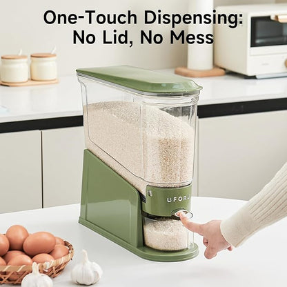 UFORU Rice Dispenser 22Lbs, Slim Rice Storage Container for Small Space, BPA-Free Clear Dry Food Dispenser Sealed Moisture Proof, Grain&Cereal Storage Bucket for Kitchen Pantry Household, Green 22Lbs