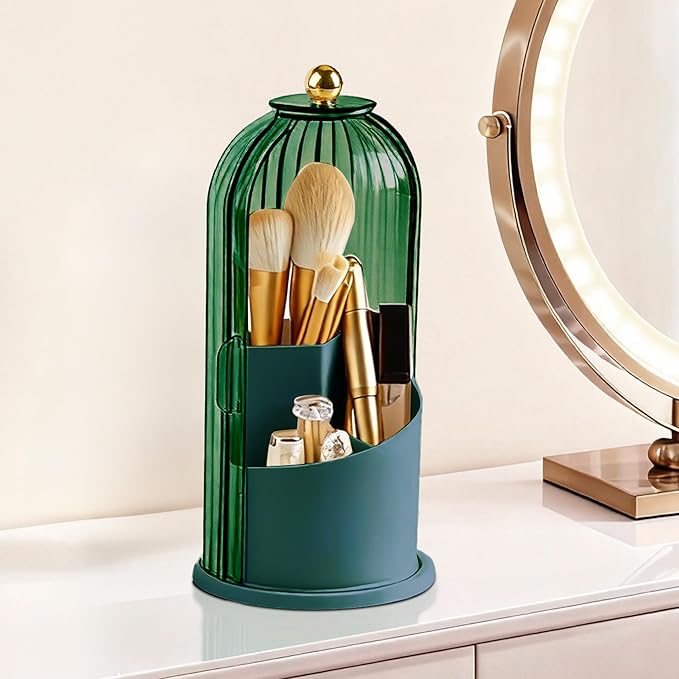 Hvygss 360° Rotating Makeup Brush Holder with Lid, Waterproof Three-Compartment Makeup Organizer, 180° Side-Pull Door Desk Organizer, Dustproof Brush Holder for Vanity and Bathroom (Green)