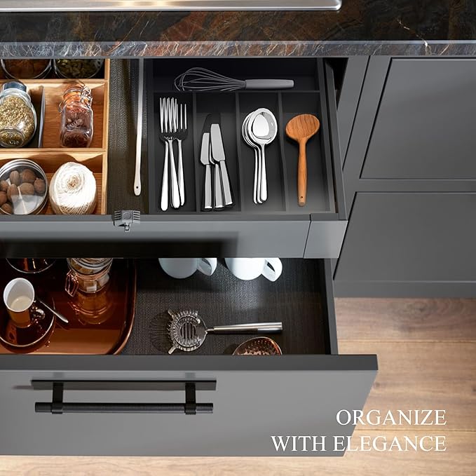 Bamboo Silverware Organizer, Kitchen Drawer Organizer, Utensil Holder, Cutlery Tray & Spoon Flatware Storage with Grooved Drawer Dividers (Black, 9.5''W x 13.5''D)