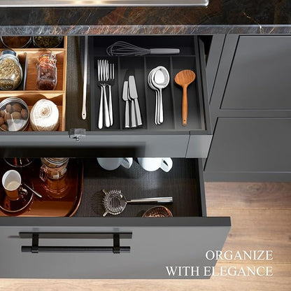 Bamboo Silverware Organizer, Kitchen Drawer Organizer, Utensil Holder, Cutlery Tray & Spoon Flatware Storage with Grooved Drawer Dividers (Black, 9.5''W x 13.5''D)