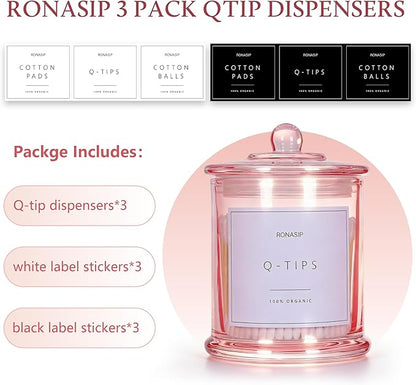 Ronasip 3 Pack Qtip Holder Dispenser, 16oz Bathroom Organizer and Storage Canisters, glass vanity organizer with lid - Home Decor, Room Decor Aesthetic (Pink)