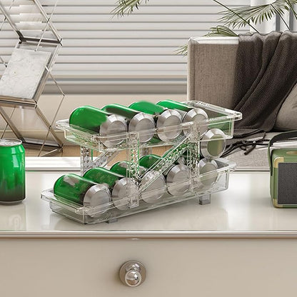 Rolling Soda Can Holder, Dual Layer Slope Design, Organizes Standard Cans, Extendable Beverage Dispenser with Anti Slip Stripes, Stable Placement for Refrigerator, Pantry, Tables