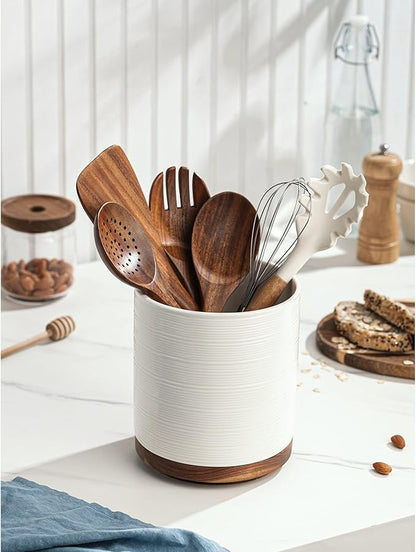Utensil Holder, 360° Rotating Extra Large Ceramic Kitchen Utensil Holder for Countertop, 7.3“ Cooking Utensil Crocks for Kitchen Counter with Rotatable Wooden Base, Farmhouse Decor, White