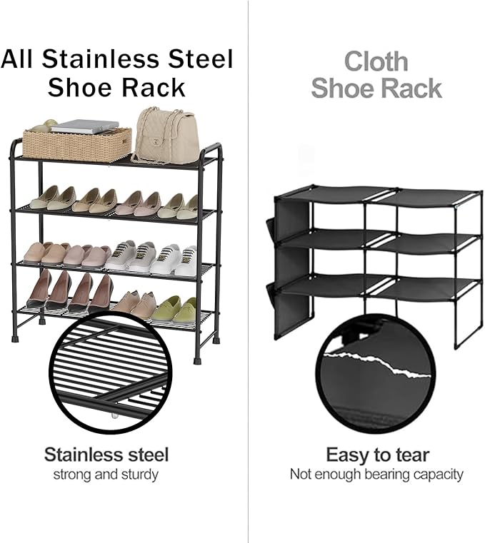 4-Tier Short Metal Shoe Rack,Extra Large Capacity Adjustable Stackable Shoe Organizer Shelf for Closet Entryway, Bedroom,Living Room, Floor,Hallway Shoe Shelf,Black 28" W × 32.3" H