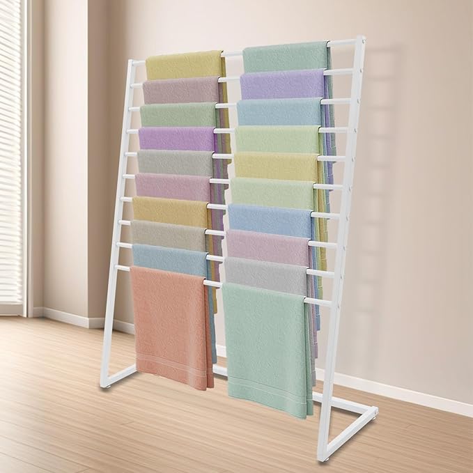 10 Tier Scarf Display Stand, 47.24In Metal Scarf Holder Organizer, Freestanding Scarf Rack for Commercial Clothing Retail Store Towel Rack Ties Belt Pants Hanging Rack (White)