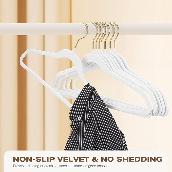 50 Pack White Velvet Hangers,Non Slip,Heavy-Duty,Slim,Space Saving,with Felt Surface and Gold 360°Swivel Hook,for Pants,Outfit,Skirts,Suits,Coats,Dresses ect.