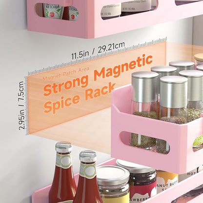 Sevenblue 4 Pack Strong Magnetic Spice Rack for Refrigerator, Multipurpose Magnetic Shelf for Fridge with 4 Hooks for kitchen and Bathroom Organization, Pink