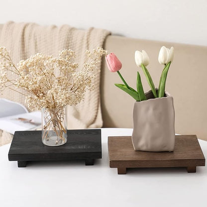 Bathroom Counter Organizer Wood Pedestal Stand Farmhouse Decorative Tray Soap Holder for Kitchen Decor, 9" x 6" - Black